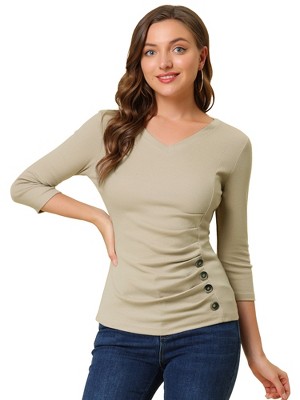 INSPIRE CHIC Women's V Neck 3/4 Sleeves Solid Knitted Buttons Decor Ruched Blouse