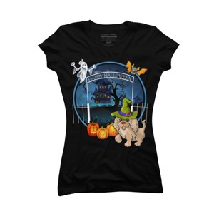 Junior's Design By Humans Puppy Dog Witch Hat Halloween Ghost By Fractals T-Shirt - 1 of 3