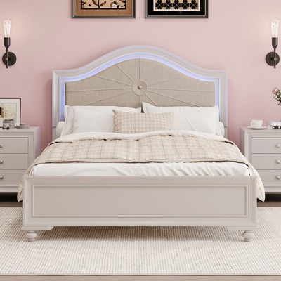 NicBex Modern Queen Platform Bed Frame with Upholstered Curved Headboard,Wood Bed Frame with Hidden LED Light,No Box Spring Needed,Cream