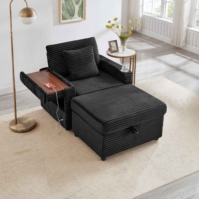 Single Sofa with Storage Ottoman, Multi-Functional Sofa with USB and Foldable Side Table, Corduroy Lazy Sofa with Wood Frame-Coolbibila