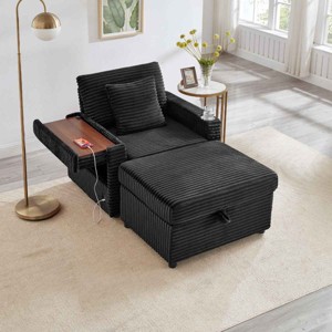 Single Sofa with Storage Ottoman, Multi-Functional Sofa with USB and Foldable Side Table, Corduroy Lazy Sofa with Wood Frame-Coolbibila - 1 of 4