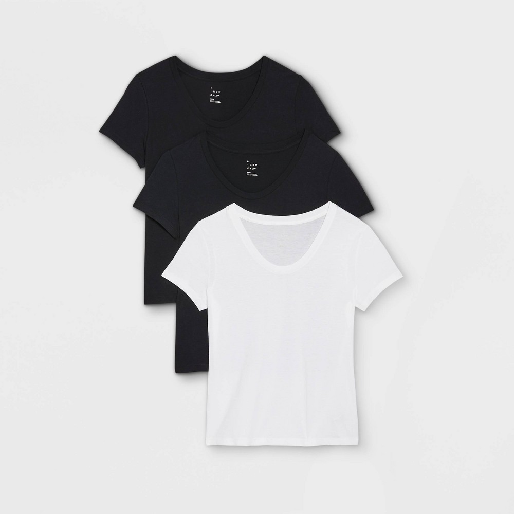 Women's Short Sleeve Scoop Neck Slim Fit 3pk Bundle T-Shirt - A New Day Black/Black/White S | Target