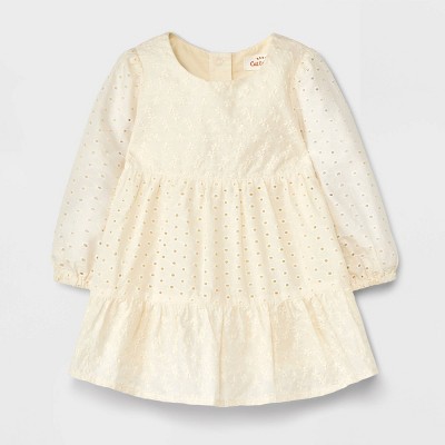 Image of Baby Girls' Eyelet Mix Ruffle Shoulder Dress - Cat & Jack™ Off-White 0-3M