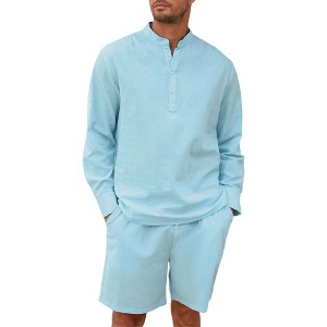 Men's 2 Pieces Cotton Linen Set Casual Long Sleeve Henley Shirts and Shorts Summer Matching Outfits - 1 of 4