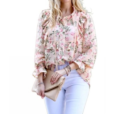 Women's Floral Chiffon Print Ruffle Detail Long Sleeve Blouse - Mazik
