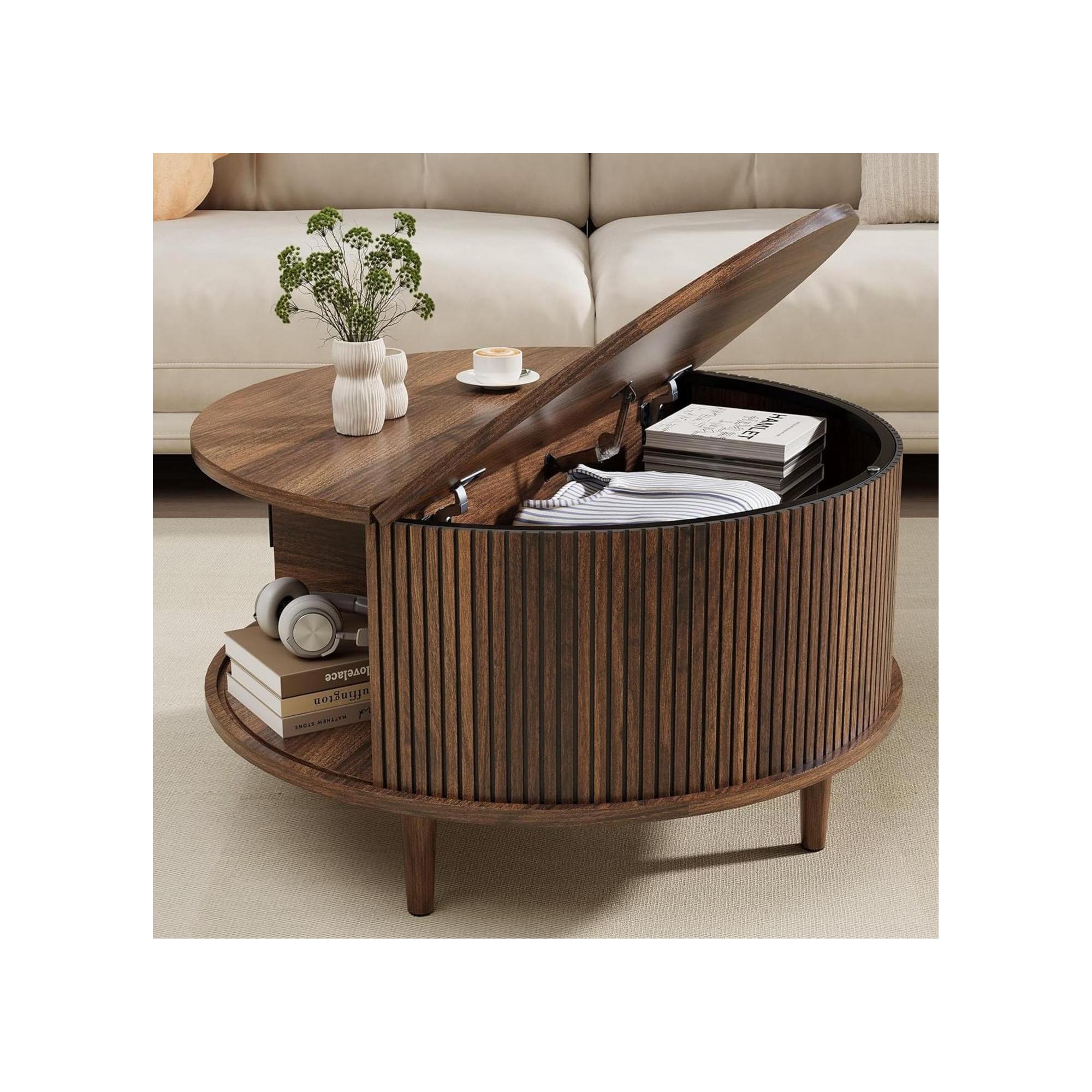 NAYSAYE Round Coffee Table with Storage, 31.5" Fluted Center Table for Living Room, Modern Walnut Wood Circle End Table for Small Space, Brown