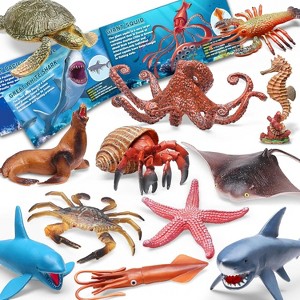 TEMI 12-Pack Ocean Animal Toys with Educational Booklet, Realistic Soft Plastic Sea Creatures for Water Play and Party Favors - 1 of 4
