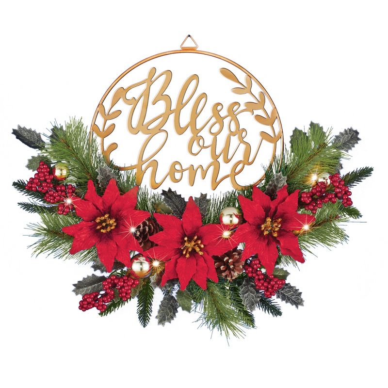 Collections Etc Bless our Home Gold-Tone Metal Door Wreath with Poinsettias, 1 of 3