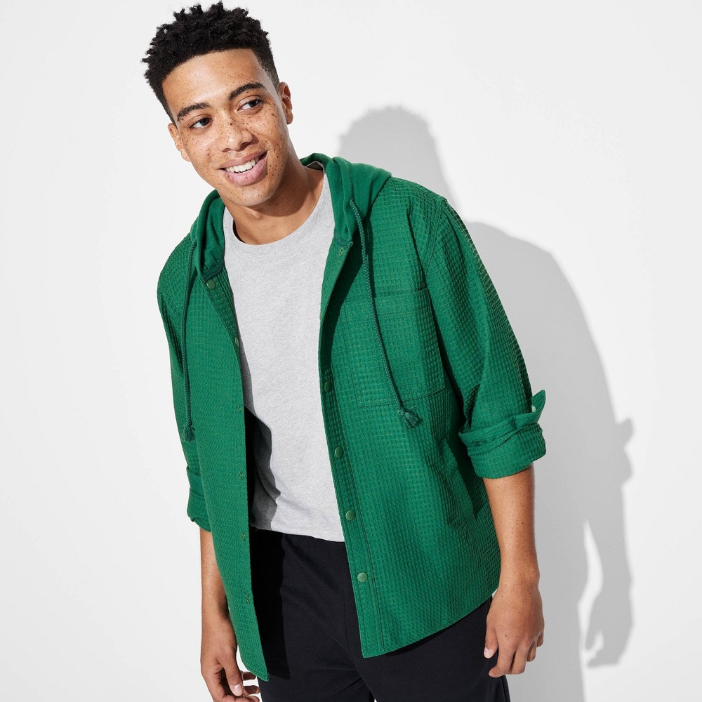 Men's Hooded Long Sleeve Button-Down Shirt - Original Use Green S: Midweight Waffle Fabric
