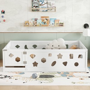 Gulches Full Size Solid Wood Floor Bed with Heightened Safety Guardrails, Door & Geometric Fence, White - 1 of 4