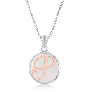 Bella Silver Sterling Silver, MOP 18" Pendant Necklace, Rose Gold Script Initial - White - 1 of 2