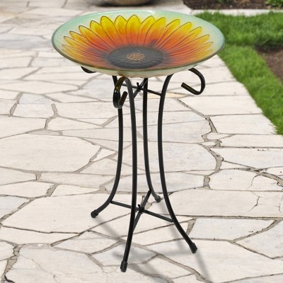 20.5" Sunflower Glass Bird Bath with Black Metal Stand