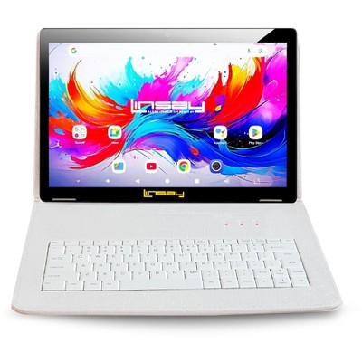 LINSAY 10.1"Octa Core  256GB Storage Android 15 Tablet with White Crocodile Style Keyboard