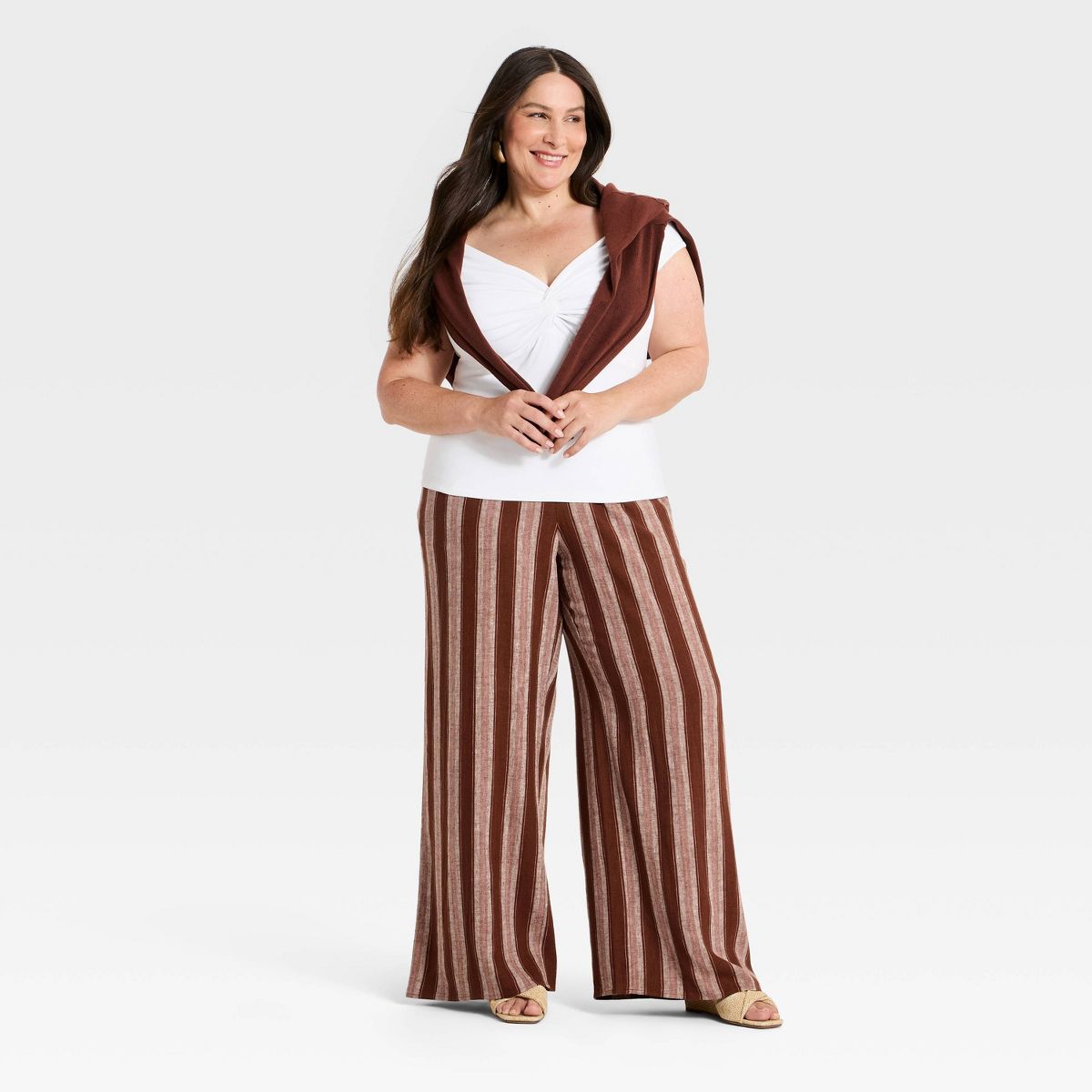 Women's Essential Linen Pull-On Pants - A New Day™ Brown Striped - thumbnail 6