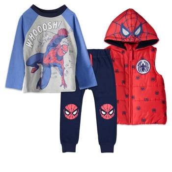 Marvel Avengers Spider-Man Baby Zip Up Vest Puffer T-Shirt and Jogger Pants 3 Piece Outfit Set Infant to Big Kid