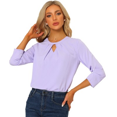 INSPIRE CHIC Women's Work Office Keyhole Pleated Front Ruched 3/4 Sleeve Chiffon Blouse