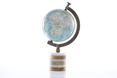 16" Blue and Green Globe with Marble and Wood Base