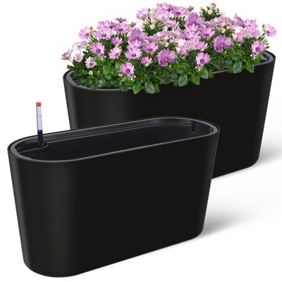 Garvee 2 Pack Tall Oval Planter Box with Wheels Modern Flower Pots with Water Level & Removable Insert Bucket for Outdoor Patio, Garden, Window