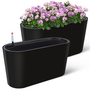 Whizmax 2 Pack Tall Oval Planter Box with Wheels Modern Flower Pots with Water Level & Removable Insert Bucket for Outdoor Patio, Garden, Window - 1 of 4