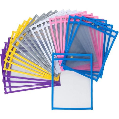 and Classroom Use School Assorted Colors Fits 6 x 9 Paper Teachers Juvale 24-Pack Reusable Plastic Dry Erase Pockets for Kids 