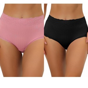 Allegra K Women's High Waist Tummy Control Comfortable Lace Trim Ribbed Brief 2 Packs - 1 of 4