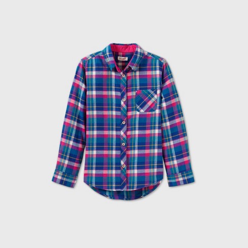 Girls' Plaid Long Sleeve Woven Button-Down Shirt - Cat & Jack™ Blue S :  Target