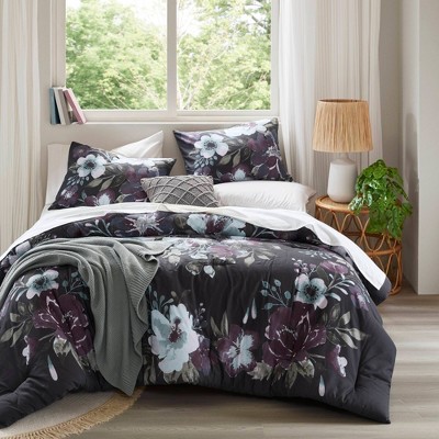 Dark Gray and Plum Floral Cotton Full Comforter Set