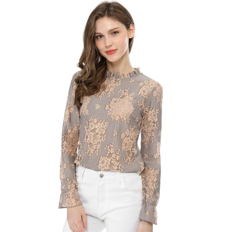 Allegra K Women's Crochet Lace See-Through Top Ruffle Frill Neck Floral Elegant Blouse, 1 of 8