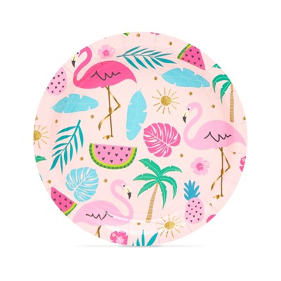 Tropical Pink Flamingo and Palm Paper Plates, 7 Inches