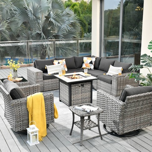 Ovios Marlton 10pc Wicker Outdoor Fire Pit Patio Furniture Set Conversation Sofa With Swivel Chairs And Navy Blue Cushions Target