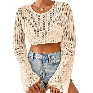 Coolmee Womens Fall Sweaters Tops Lightweight Casual Long Sleeve Crochet Hollow Out Knit Pullover Tops Clothing - 1 of 2
