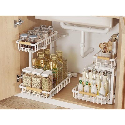 Hachikiko 2-Tier Adjustable Height L-Shaped Under Sink Organizer - Metal Pull-Out Storage Rack for Kitchen, Bathroom, Laundry