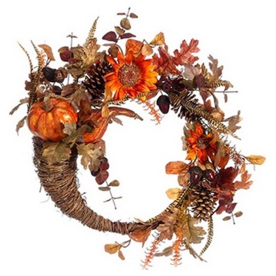 Allstate Floral Pumpkin and Sunflower Artificial Floral Cornucopia Thanksgiving Wreath, Orange 22-Inch