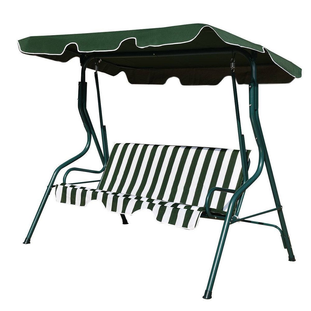 3 Seat Outdoor Canopy Swing - Green - WELLFOR: Porch Recliner, Adjustable UV-Resistant Cover, Rustproof