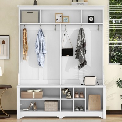 TiramisuBest Modern Hall Tree with Metal Hooks & Storage, Multi-Functional Entryway Coat Rack with Shoe Cubbies, White, Pre-Sale Date: December 18th