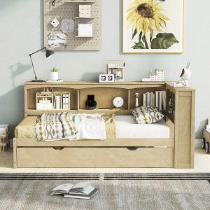 PAGED Twin XL Daybed Modern Wooden Bed Frame with 2 Trundles, Storage Shelves and Light for Bedroom, Living - 1 of 4
