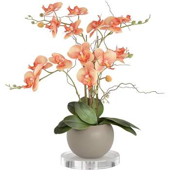 Studio 55D Potted Faux Artificial Flowers Realistic Orange Orchid in Gray Ceramic Pot with Riser for Home Decoration 22 1/2" High