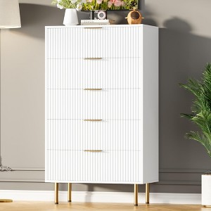 48" Fluted Wood Dresser, Modern White Tall Dressers with Gold Handle and 5 Drawer, for Bedroom, Living Room, Hallway, Entryway - 1 of 4