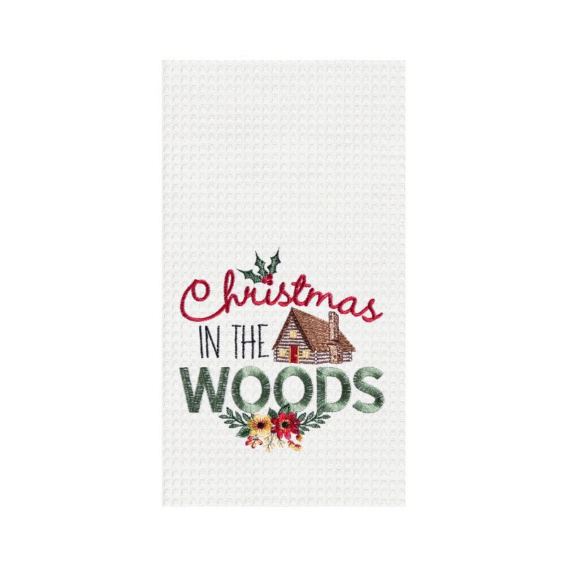 C&F Home 27" x 18" "Christmas In The Woods" Sentiment with Log Cabin Embroidered Cotton Waffle Weave Kitchen Dish Towel, 1 of 5