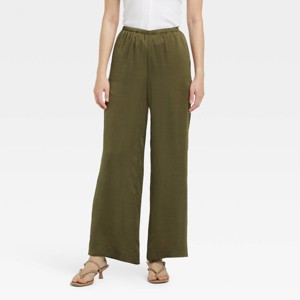 Women's Mid-Rise Straight Leg Crinkle Satin Pull-On Pants - A New Day™ - 1 of 3