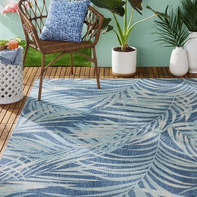 Navy Blue and Aqua Palm Leaf 8' x 10' Indoor/Outdoor Rug