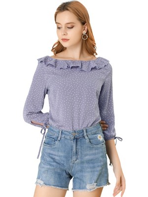 Allegra K Women's Vintage 3/4 Sleeve Boat Neck Ruffled Dots Print Blouse