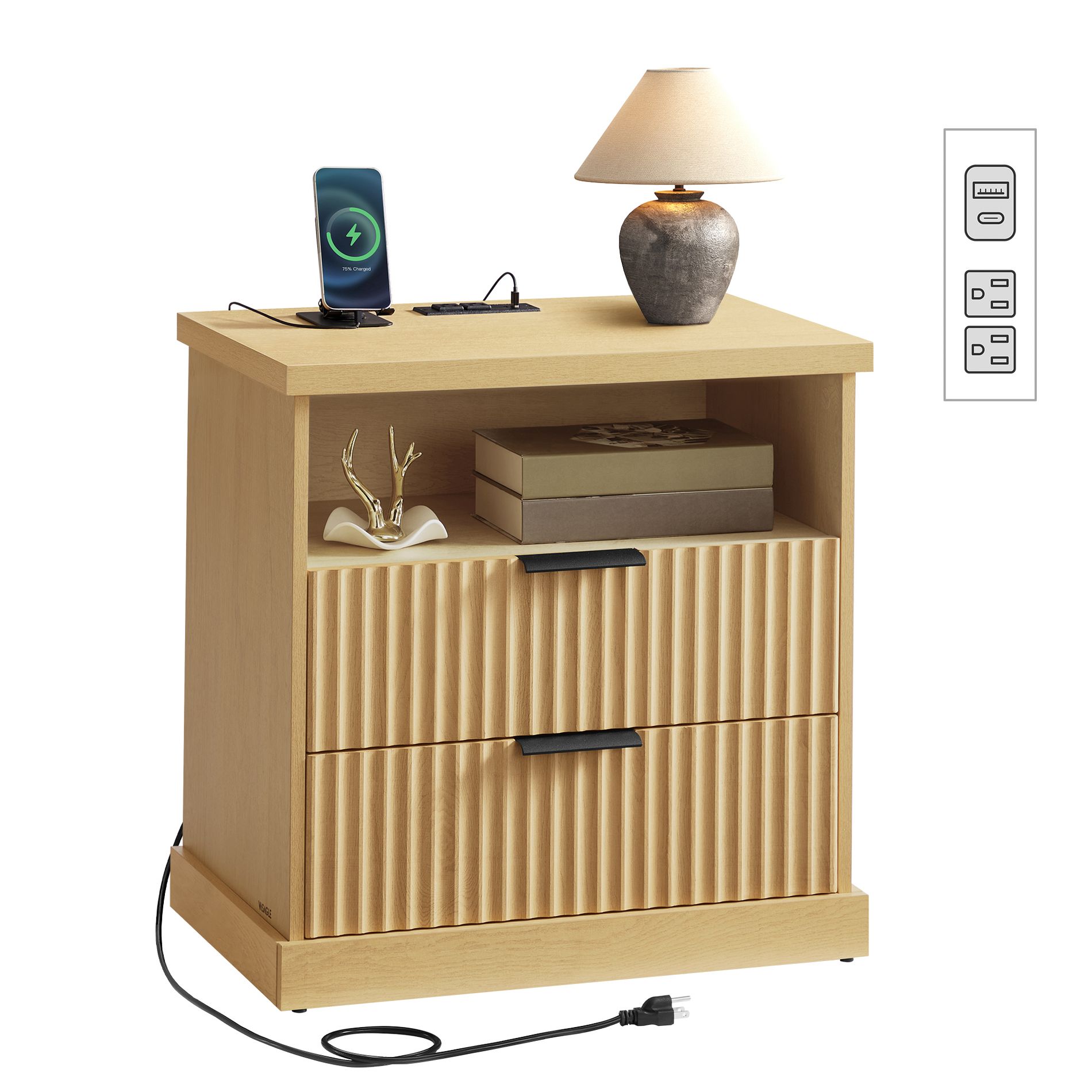 Nightstand with Charging Station - Bedside Table with 2 Drawers & Open Shelf, 2 AC Outlets & 2 USB Ports