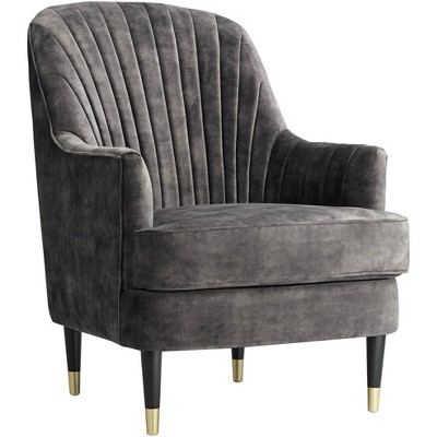 Charcoal Gray Velvet Handcrafted Accent Chair with Lumbar Pillow