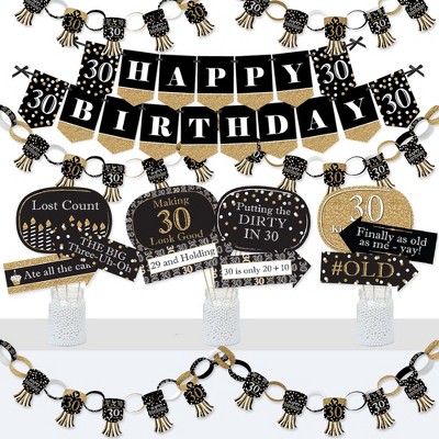 Big Dot of Happiness Adult 30th Birthday - Gold - Banner and Photo Booth Decorations - Birthday Party Supplies Kit - Doterrific Bundle