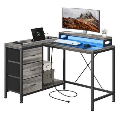 Computer Desk with Drawers & Shelves, 47 Inch l Shaped Home Office Desk, with Power Outlets & LED Lights, for Study, Working