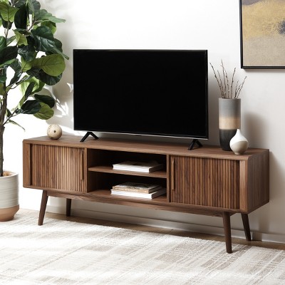 Walnut Mid-Century Modern Media Stand with Sliding Doors