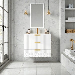 Mshliw 24 Inch Wall Mounted Bathroom Vanity with Double Drawers and Ceramic Basin Sink Floating Modern Bathroom Cabinet with Overflow - 1 of 4