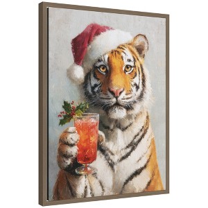 Kate & Laurel All Things Decor Sylvie Framed Canvas Tiger Festive Cocktail Santa Hat by the Creative Bunch Studio - 1 of 4