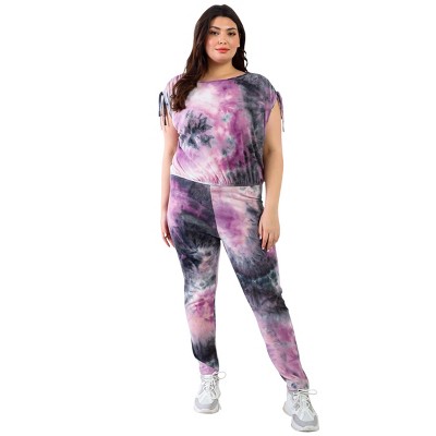 Slickblue Tie-Dye Top & Pants Set, Ruched Shoulders & High Waist, 2 Piece Outfit, Streetwear, Purple & Black, Size 1XL-3XL